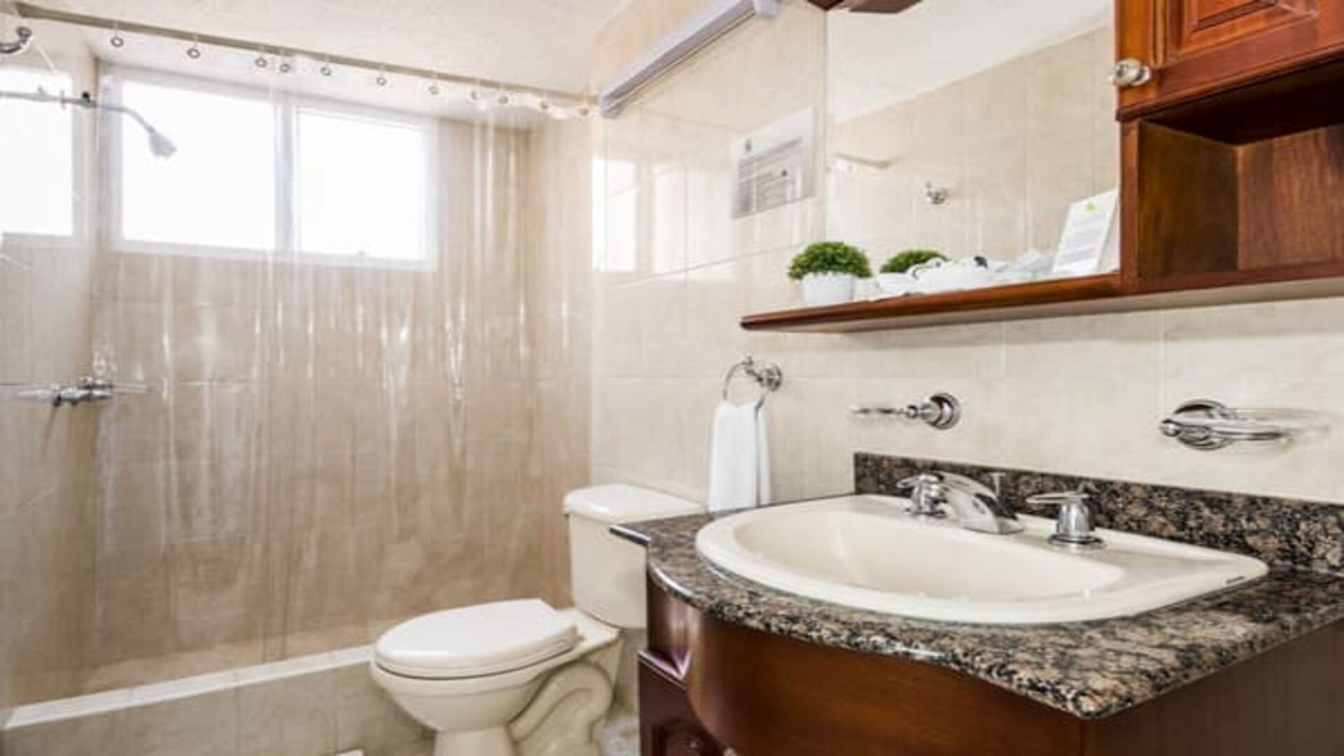 Un buffet de desayuno colorido y variado en un restaurante llamado "Patio", con una amplia selección de frutas, postres y platos salados. La decoración es moderna y alegre.