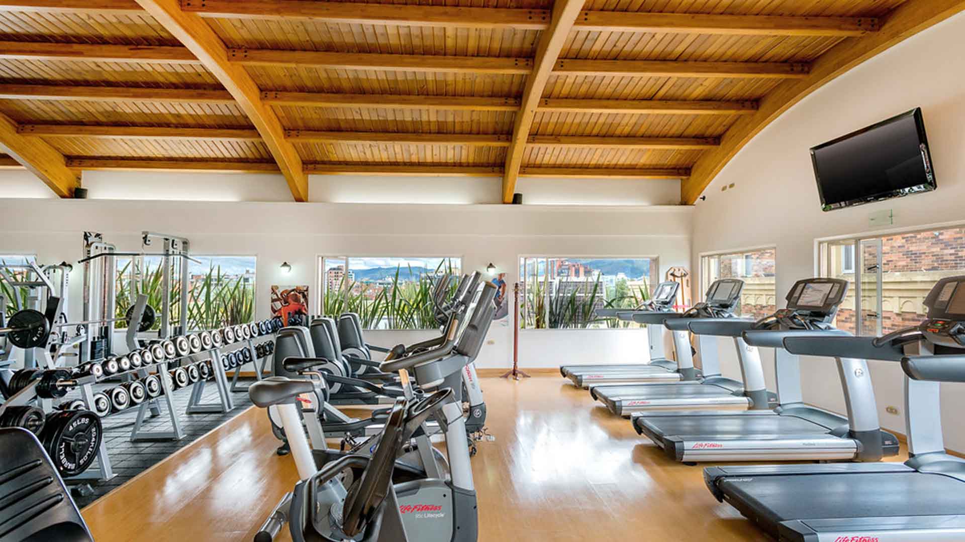  Gimnasio: Gimnasio luminoso con caminadoras y pesas, techo de madera curvo y vistas urbanas por ventanales. Equipos modernos y TV.
