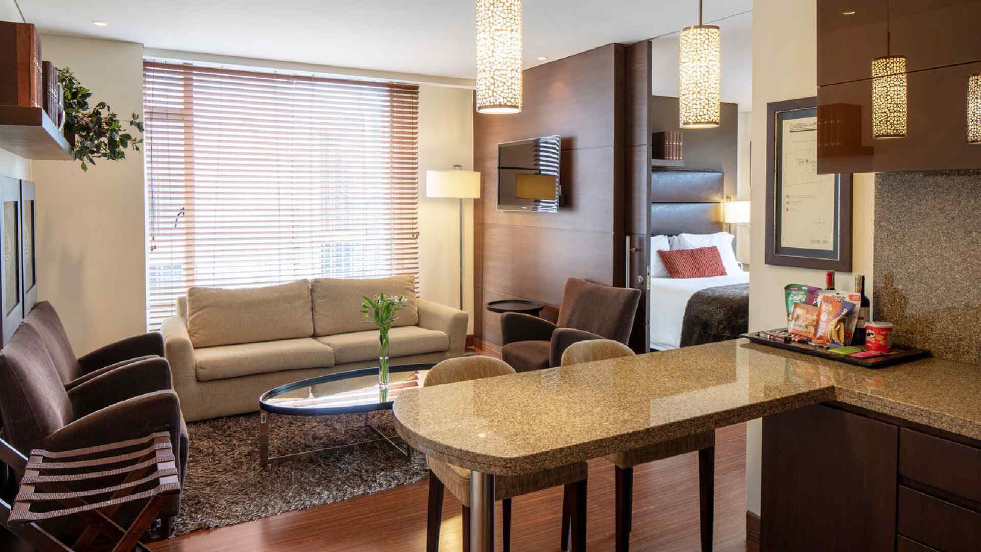 Una sala de estar de un apartamento con sofá, sillas, barra americana y una televisión. Un panel deslizante permite separar el dormitorio.