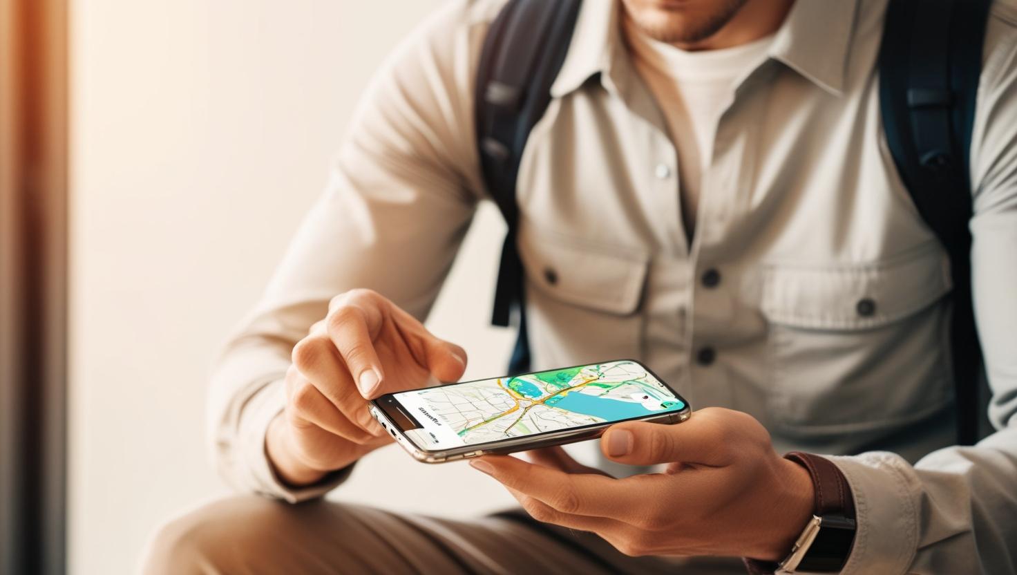 Hombre blanco turista con morral en la espalda observa mapa en teléfono móvil.